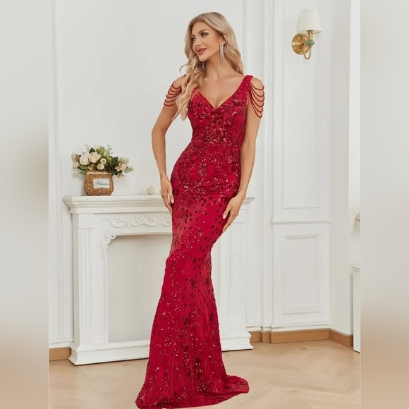 Stunning Scarlet Beaded Prom Dress - Picture 6 of 16